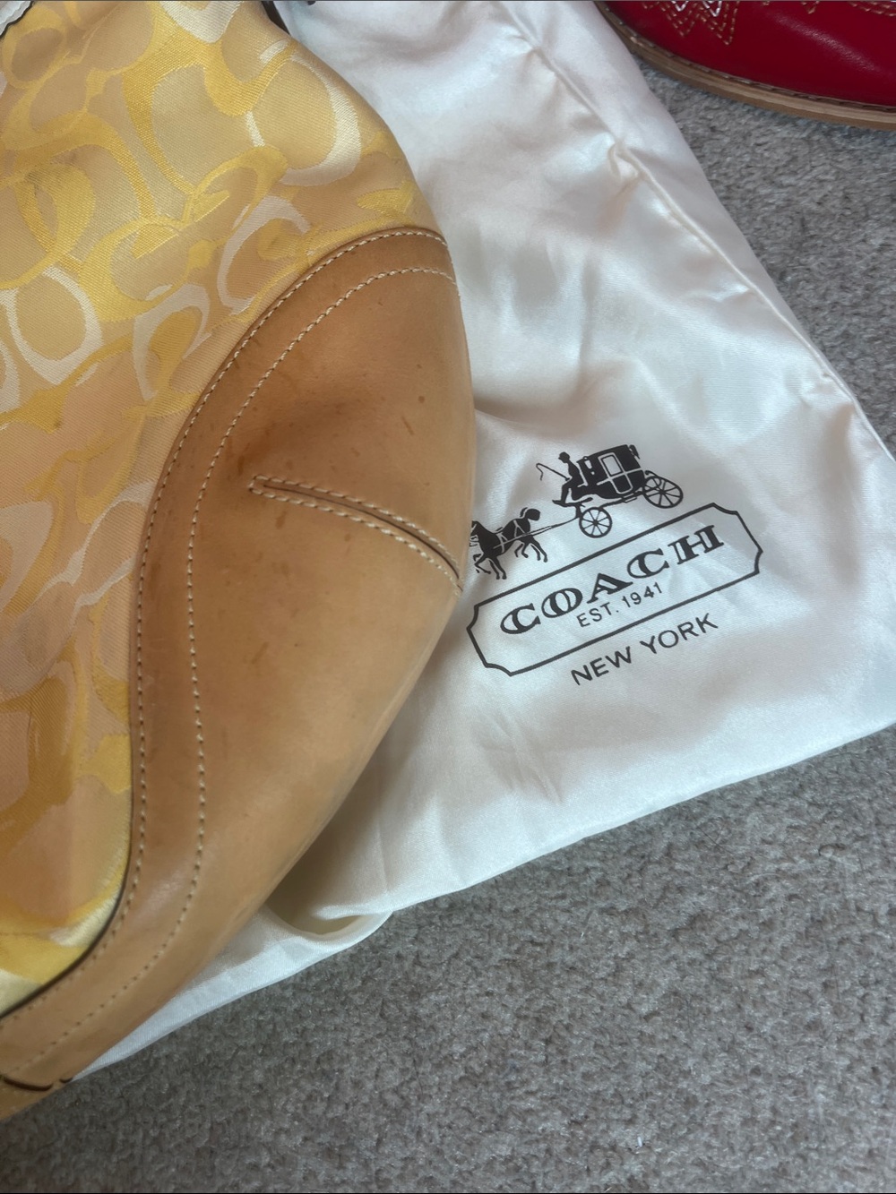 Coach Yellow Signature Jacquard Shoulder Bag with Tan Leather Trim - Picture 3 of 9
